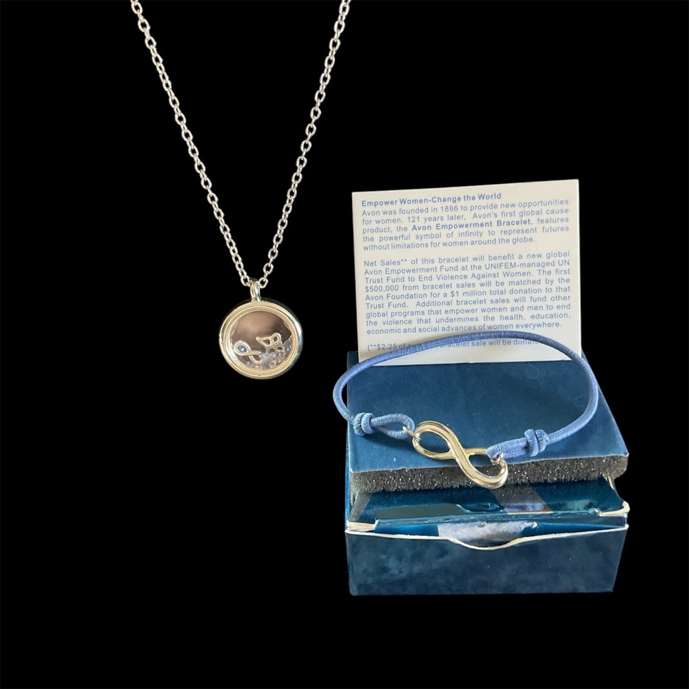 Avon Empowerment Shaky Necklace Silver Hoop Earrings, Blue Infinity Bracelet - Picture 2 of 9
